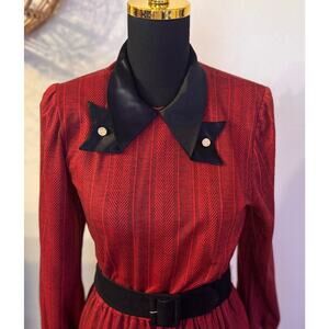 Vintage Ifi Made in USA Red Secretary 80s Dress Black Collar Boss Lady 10P